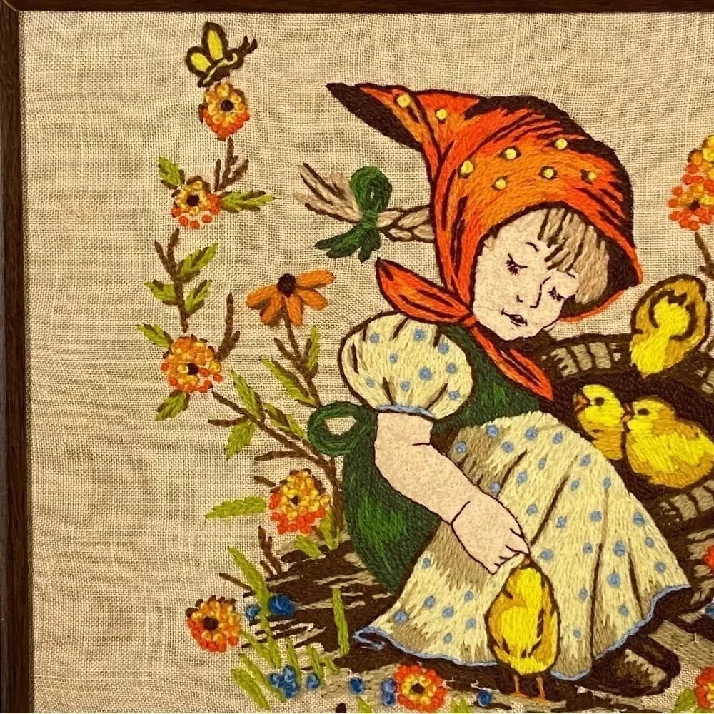 Crewel Embroidery Folk Needlepoint Wall Art Cottage Fairytale Handmade 1975 - Picture 3 of 10